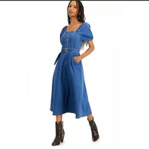 NWT INC Denim Smocked Button-front Poof Sleeve Midi Dress